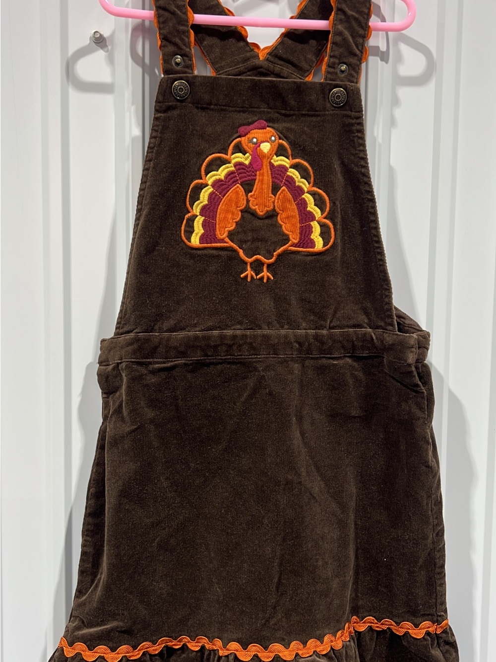Gymboree Brown Corduroy Pinafore Dress with Orange & Yellow Turkey Appliqué